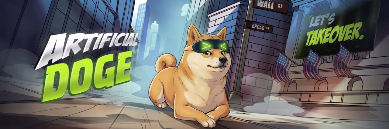 Artificial Doge sitting on Wall Street at dusk
