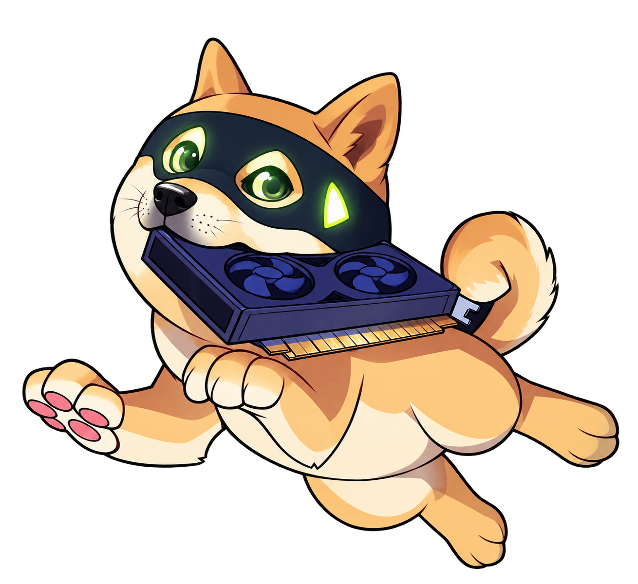 Artificial Doge, a shiba in a dark visor carrying a graphics card